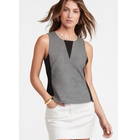 NWT WHITE HOUSE BLACK MARKET Blouse Sleeveless Micro Houndstooth Career Sz 10 M - Picture 1 of 11